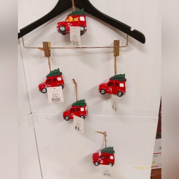 5 Red Vans Christmas Ornaments w/Tree Lights up Ceramic Old East Main NEW - Picture 1 of 11